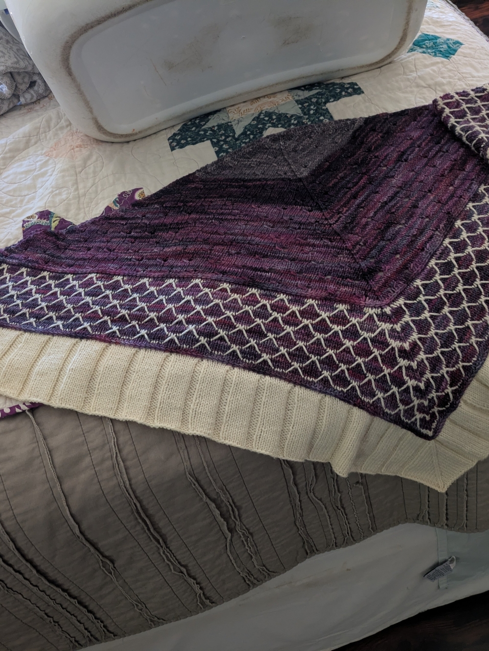 Handmade Purple and Cream Knit Shawl